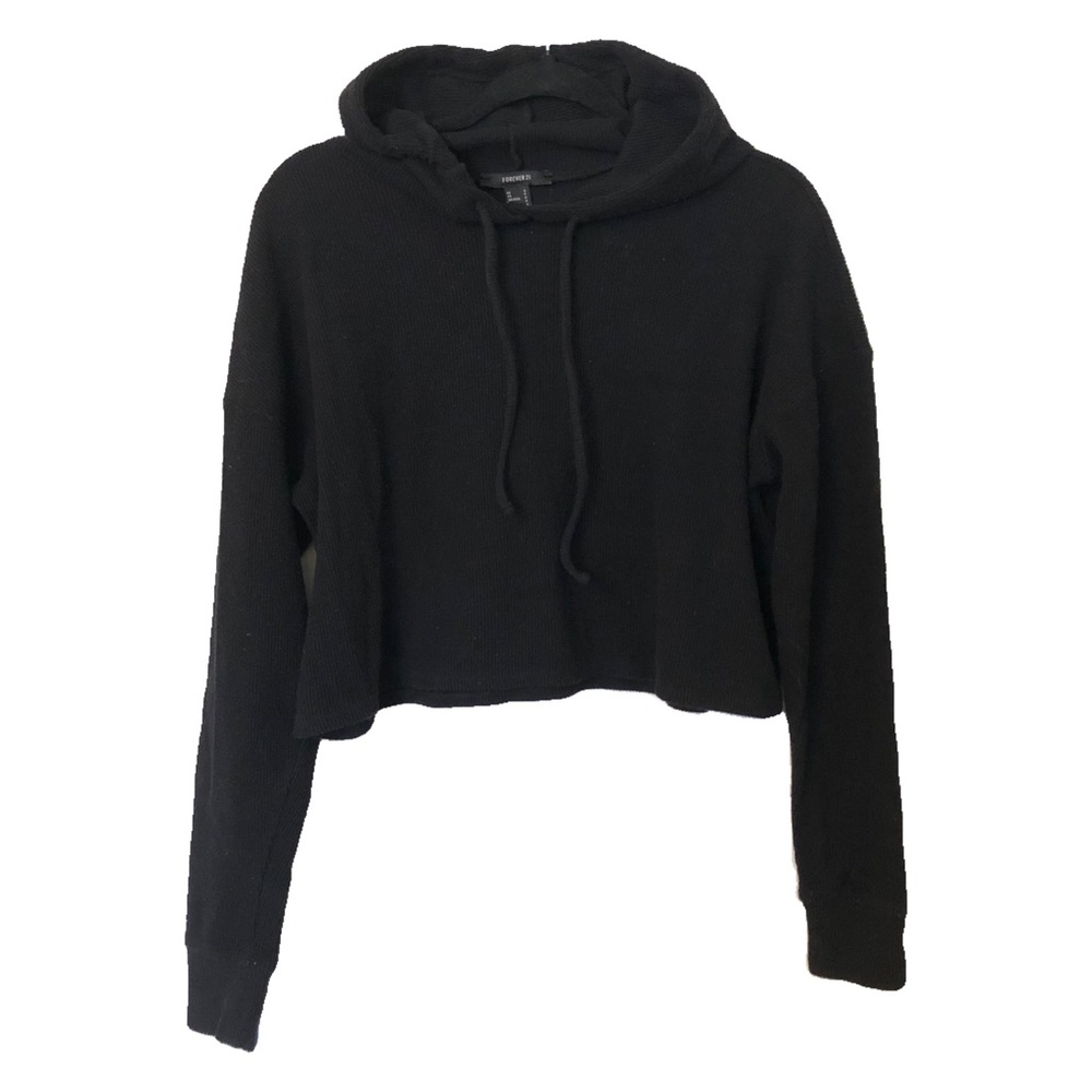 Black Ribbed Cropped Hoodie Sweatshirt